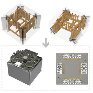 The top row contains two types of connector blocks that connect the units to each other. They are lined with conductive material on the inside in such a way that connecting the components establishes a unique electrical circuit between adjacent units.(Source:  Courtesy of the researchers)