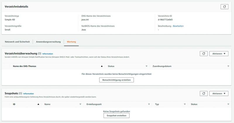 Konfigurieren der Wartung in einem Simple AD-Verzeichnis. (Bild: Joos / Amazon Web Services, Inc)