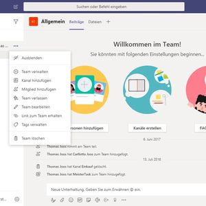 Über das Kontextmenü im Desktop-Client lassen sich Teams erstellen, verwalten und Kanäle hinzufügen. Auch für Kanäle stehen die Verwaltungsoptionen zur Verfügung.(Bild:  Joos / Microsoft)