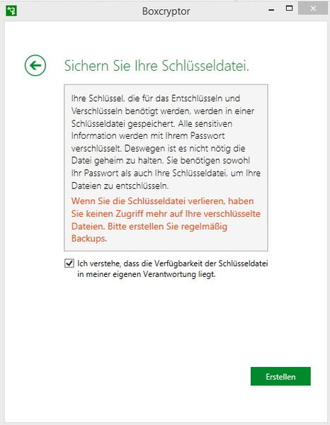 Die Daten werden mit einer Schlüsseldatei verknüpft. Geht die Datei verloren, kommen Anwender nicht mehr an ihre chiffrierten Informationen. Die Schlüsseldatei wird lokal gespeichert und sollte zusätzlich an einem anderen Ort gesichert werden. (Bild: Thomas Joos)