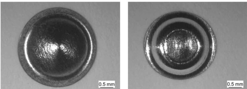 Beispiel für die Laserschockumformung eines Bleches aus AI99.5 mit 50 μm Dicke im offenen (a) und geschlossenen Gesenk (b). (Bias)