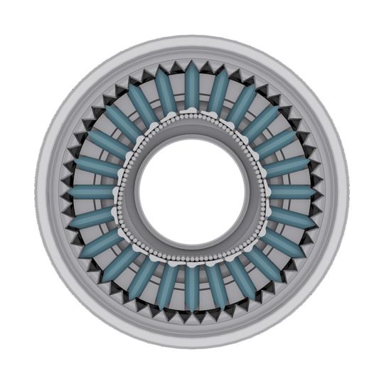 Der Grundgedanke der Galaxie-Kinematik: Segmentierte Einzelzähne, angeordnet auf einem unrunden 3-er-Antriebspolygon mit Nadellager, die dynamisch entlang der Innenverzahnung des Hohl­rades geführt werden.(Bild:  Wittenstein)