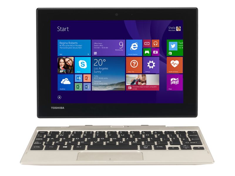 Durch den in der Tastatur verbauten Zusatz-Akku erreicht das Toshiba Satellite Click Mini Akku-Laufzeiten von bis zu 16 Stunden. Vervollständigt wird das Ganze durch einen 8,9-Zoll-Display in WUXGA-Auflösung, 2 GB RAM, 32 GB SSD-Speicher, sowie WLAN 802.11 b/g/n und Bluetooth 4.0. Die Tastatur bietet zusätzlich einen Speicherkartenleser und einen USB-2.0-Anschluss. (Bild: Toshiba)