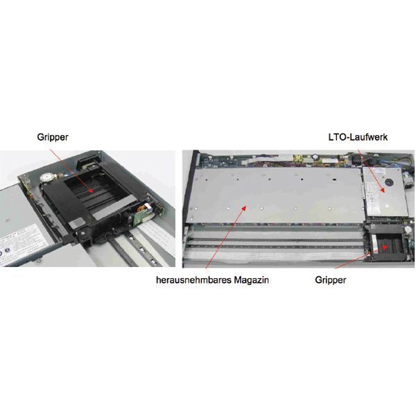 Das Greifersystem: Soll auf eine Kassette zugegriffen werden, die in einem der fünf Schächte hinten abgelegt ist, nimmt der Roboter die erste Kassette heraus und stellt diese in dem Schacht ab, in dem nur eine Kassette liegt. (Archiv: Vogel Business Media)