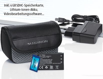 Der Maginon-Camcorder kommt mit einer Vier-Gigabyte-SDHC-Highspeed-Speicherkarte, je einem USB-, Video- und HDMI-Kabel, einer Tasche, einem Netzladegerät, einer Software-CD sowie einem Lithium-Ionen-Akku. (Bild: Aldi Süd)