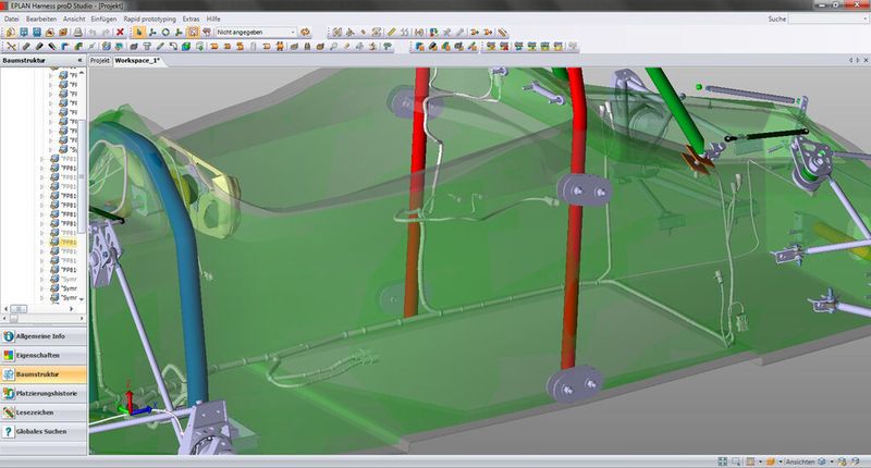 In Eplan Harness pro-D werden die dreidimensionalen Verhältnisse im Fahrzeug berücksichtigt und die Kabel entsprechend verlegt. (Bild: WHZ Racing Team Zwickau)