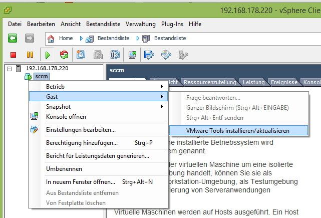 Abbildung 10: Über das Kontextmenü von VMs werden die VMware-Tools installiert. (Bild: Joos)