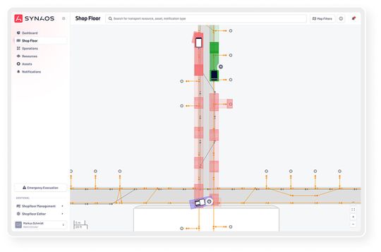 Softwaredefinierte Intralogistik: Dank Interoperabilität und standardisierter Schnittstellen visualisiert und steuert der Leitstand heterogene Flotten als harmonisiertes Gesamtsystem.  (Bild:  Synaos)