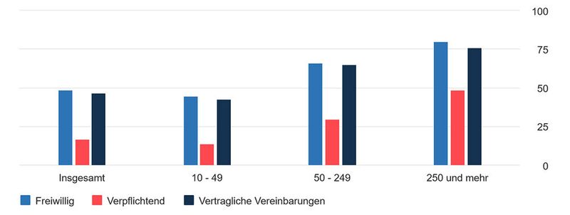 Unternehmen mit Fortbildungen zur IT-Sicherheit 2019, geordnet nach Maßnahmen und Beschäftigungsgrößenklassen, Anteil in Prozent an allen Unternehmen, ohne Unternehmen mit 1 bis 9 Beschäftigte