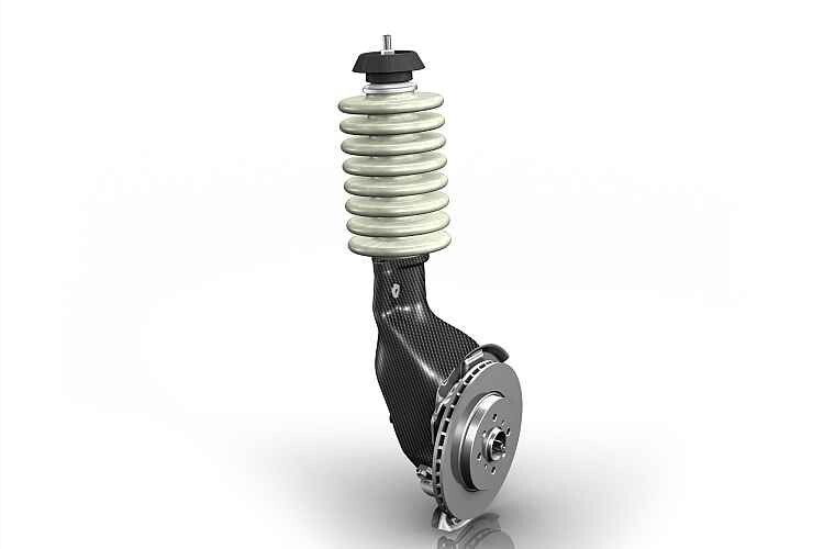 Mit einer aus CFK hergestellten Baugruppe aus Federbein und Radträger will ZF kräftig Gewicht an der Vorderachse sparen. (Foto: ZF)