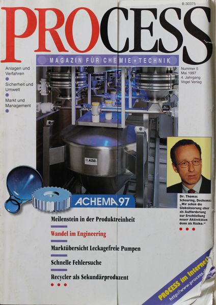 Mai 1997   Top Themen:  - Meilenstein in der Produktreinheit - Wandel im Engineering - Marktübersicht Leckagefreie Pumpen - Schnelle Fehlersuche - Recycler als Sekundärproduzent (Bild: PROCESS)
