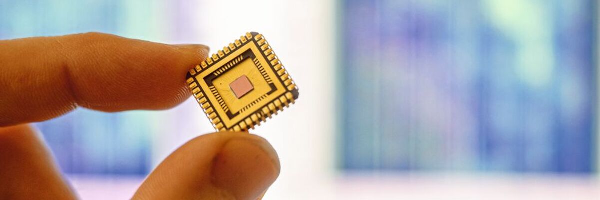 Für ihr Projekt haben die Forscher Tausende von mikroskopischen Aufnahmen von Mikrochips gemacht. Hier ist ein solcher Chip in einem goldenen Chipgehäuse zu sehen. Die untersuchte Chipfläche ist nur etwa zwei Quadratmillimeter gross. (Bild: RUB, Marquard)