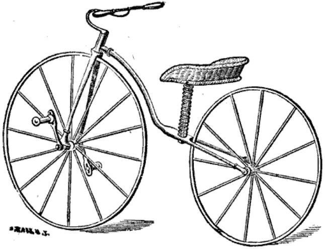 Alternatives Velociped-Design aus dem Jahr 1869: Fahrräder wurden in der Zeit der ersten Popularitätswelle auch als Modelle für Damen angeboten. Im Jahr 1870 flaute der Modetrend der Velocipede allerdings sowohl in Europa als auch in den USA wieder ab. Die Fahrräder galten als zu unsicher, die Sturz- und Verletzungsgefahr als hoch. (gemeinfrei)