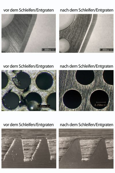 Bild 5: Flachteil (a), Gussteil (b) und strukturierte geschnittenes Blechteil (c) vor (links) und nach (rechts) der Bearbeitung mit Bürstenwerkeugen. Für die hohe Oberflächengüte sind die Korund-Fasern verantwortlich. (Archiv: Vogel Business Media)
