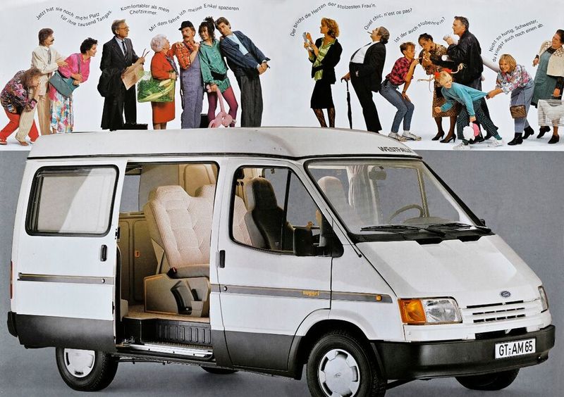 Die ursprünglichen Nugget-Wohnmobile sind heute ein Retro-Relikt aus den 80er Jahren, genau wie dieses Werbefoto aus jener Zeit. (Bild: Ford)