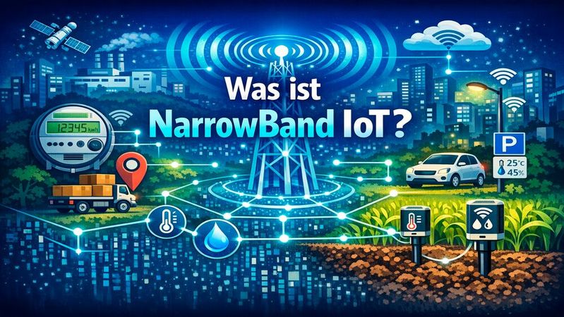 NarrowBand IoT vernetzt Geräte, Maschinen, Sensoren und andere Komponenten des Internets der Dinge energieeffizient und mit guter Netzabdeckung per Mobilfunk.(Bild:  Copilot / KI-generiert)