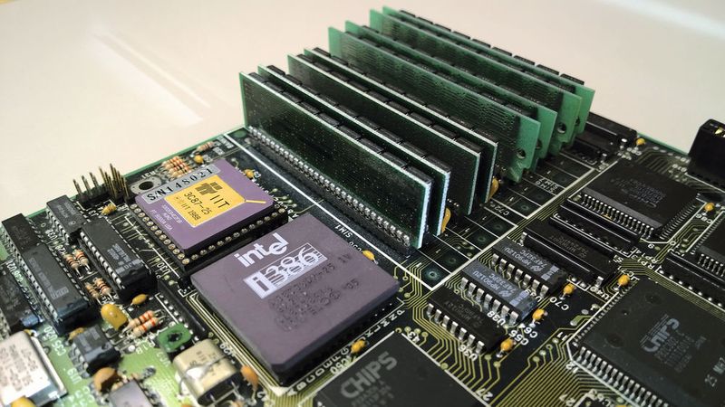 Der 1985 vorgestellte Intel 80386 war der erste erfolgreiche 32-Bit-Prozessor von Intel. Der 386DX-25 auf dem Foto stammt aus dem Jahr 1990. Dahinter ist der Coprozessor 3C87 von IIT zu sehen. Die Speichermodule (insgesamt acht MB) sind SIPPs. (Vogel IT-Medien)