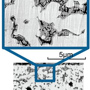 Elektronenmikroskopische Aufnahme der mittels Infiltration hergestellten Kathode. Das eingebrachte Elektrodenmaterial (NVP, dunkel) hebt sich klar vom porösen Elektrolyten (NZSP, hell) ab.