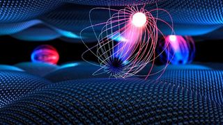 Zwischen zwei verdrehten Lagen von Wolframdiselenid (oben) und Molybdändisulfid (unten) bilden sich nach optischer Anregung eine Vielzahl von so genannten optisch dunklen Exzitonen.  (Bild: Brad Baxley, Part to Whole, LLC)