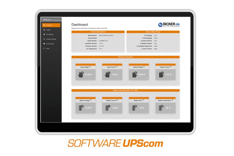 Die kostenfreie USV-Management-Software «UPScom» ermöglicht die komfortable Konfiguration, das Echtzeit-Monitoring sowie den sicheren Shutdown und automatischen Reboot angeschlossener IPC-Systeme über ein intuitives Web-Interface. (Bild: Bicker)