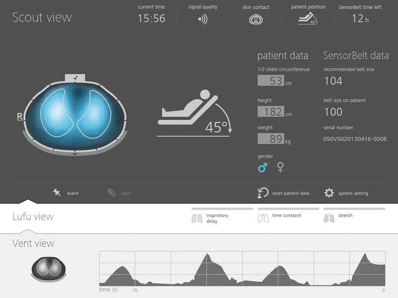 In der Scout-View geben Grafiken unter anderem darüber Auskunft, in welcher Liegeposition sich der Patient befindet. (Bild: Swisstom /User Interface Design)