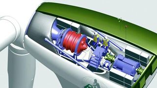 Der patentierte kaskadierbare hydrostatische Antrieb in Windkraftanlagen ersetzt das mechanische Getriebe zwischen Rotorwelle und Generator.  (Bild: RLE International)
