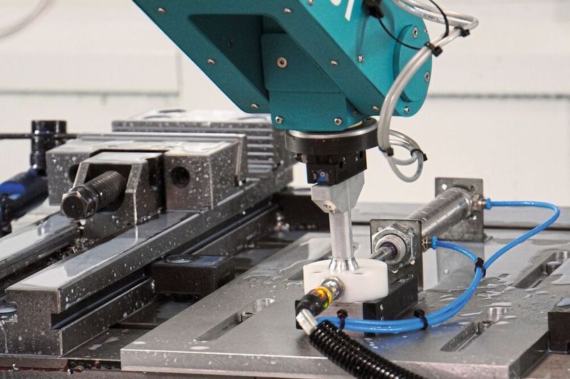 Der Roboter nimmt das Endstück einer Rotationsdüse auf und platziert es auf der Aufnahme in der Fräsmaschine. (Fruitcore)