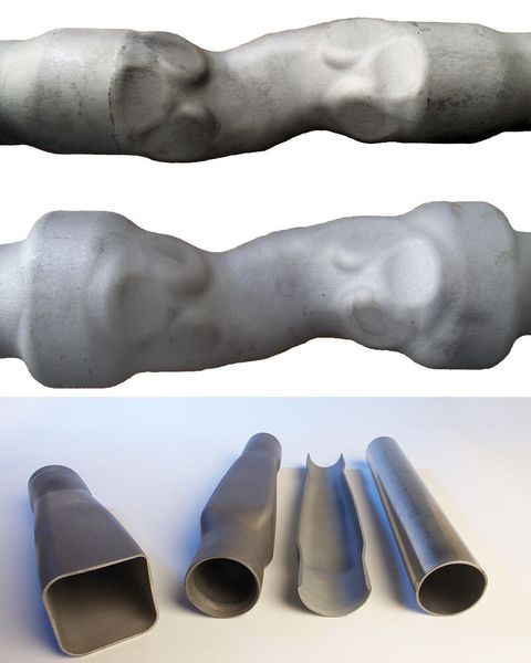 Kombiniert man Presshärten und Innenhochdruck-Umformung, sind ganz neuartige Bauteile möglich. (Bild: Fraunhofer IWU)