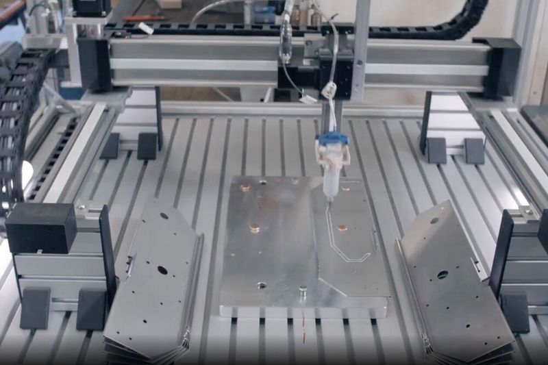 Raumportalroboter von Igus: Über drei Linearachsen trägt eine Kartusche Klebstoff auf die Seitenteile einer Edelstahlwanne des Tapeziergeräts auf.  (Bild: tapo-fix GmbH & Co. KG)