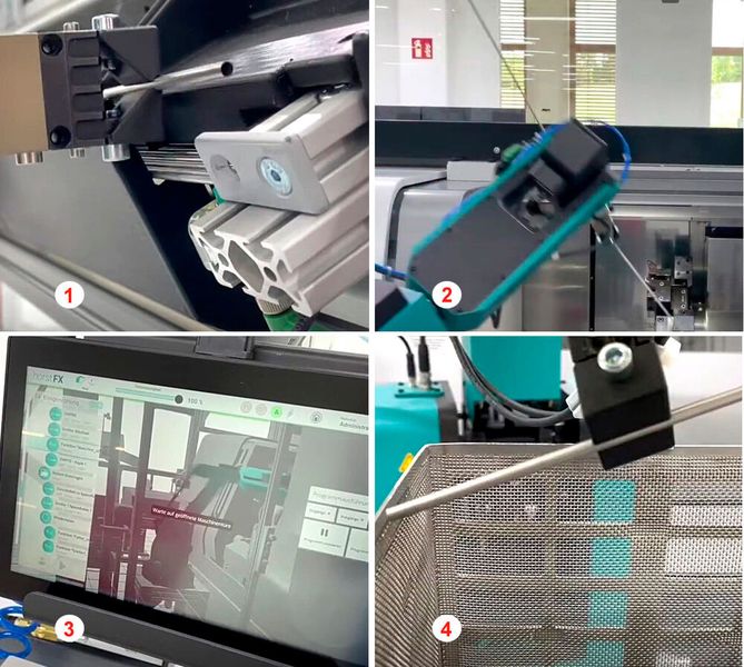 Der Horst 900 hilft hier bei der Schweißnahtbearbeitung von Klingenrohlingen aus Edelstahl: Der Roboter entnimmt das Rohteil mit seinem Doppelgreifer direkt aus dem Magazin und führt es in die Maschinenspindel ein (1 und 2). In Step 3 werden alle Prozessschritte in der Steuerung visualisiert. Zuletzt werden die Fertigteile iin einem Waschkorb abgelegt (4). (Bild: Citizen)