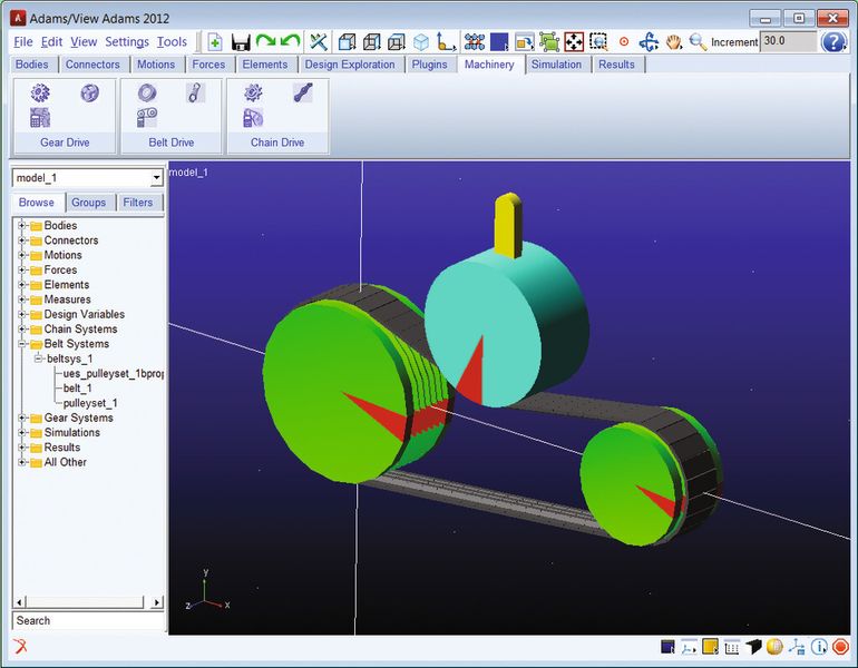 Das Belt-Modul untersucht das ebene, dynamische Verhalten von Zahnriemensystemen für zahlreiche Riemenarten wie etwa glatte Bänder, Poly-V-Riemen und trapezförmige Zahnriemen. (Bild: MSC Software)