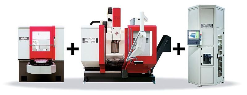 Bild 4: Die Bearbeitungszentren sind vorbereitet für eine Automatisierung mit einem Palettenspeicher oder einer Roboterzelle; zusätzlich steht optional eine Schnittstelle für ein 190-fach-Stand-by-Werkzeugmagazin zur Verfügung.  (Bild: Hedelius)