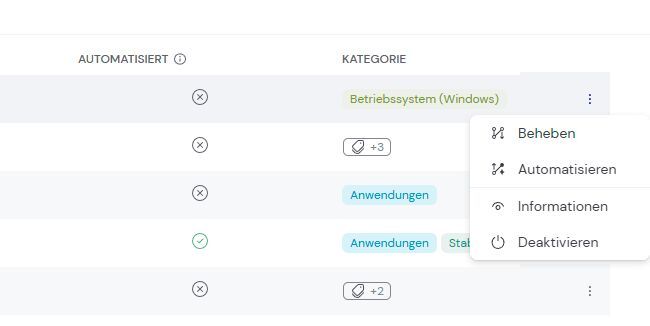 Das Kontextmenü je Prüfregel bietet die Aktionen Beheben, Automatisieren, Informationen und Deaktivieren. (Bild: Joos - TeamViewer)