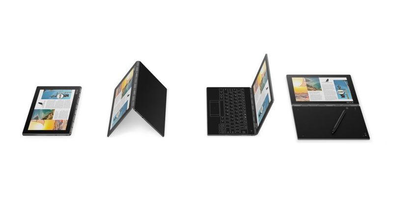 Das Lenovo Yoga Book in vier Nutzungsmodi. Im Notebook-Modus sind die per Hintergundbeleuchtung auf dem Touchfeld eingeblendeten Tasten zu sehen. (Lenovo)