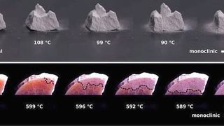 Bei der Abkühlung durchlaufen die Formgedächtniskeramiken die Phasenumwandlung von einer tetragonalen zu einer monoklinen Kristallstruktur und zerfallen(a). Der untere Teil (b) zeigt einen gelingende Umwandlung. (Jascha Rohmer)