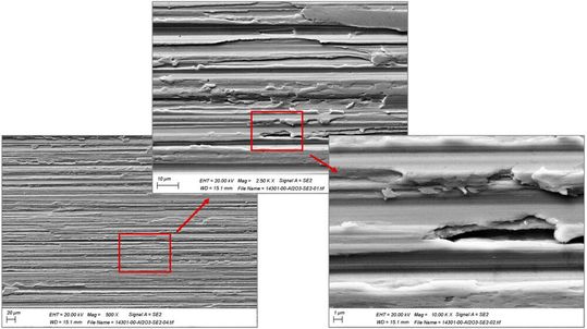 Bild 2: Rasterelekronenmikroskopische (REM) Aufnahme einer mit Korund industriell geschliffenen Oberfläche des Werkstoffes 1.4301/304 mit der Darstellung eines Mikrospalts in unterschiedlichen Vergrößerungen.(Bild:  A. Hörtnagl / P. Gümpel)