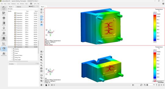 Die Mirror-Cutbox-Funktion in der neuen Version von Sigmasoft ermöglicht das Spiegeln der Simulationsergebnisse entlang der Schnittflächen. (Bild:  Sigma Engineering)