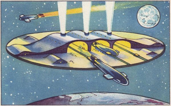 Raumschiff-Hafen: Da es auf dem Mond seltene Mineralien gibt, hat sich in Amerika mit 20 Milliarden Dollar Kapital die Moma-A.G. (Mond-Mineralien-Ausbeute-A.G.) gebildet, die regen Raumschiffsverkehr unterhält. Die Zwischenstation, auf der die Schiffe ihren Raketenbetriebsstoff erneuern, schwebt frei im Raume. (Bild: Echte Wagner, retro-futurismus.de)