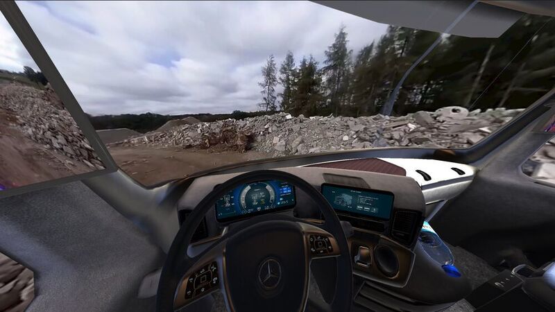 Blick in die 3D-Brille: Die Lkw-Fahrer sehen beim Test das virtuelle Cockpit des neuen Actros.... (Daimler)