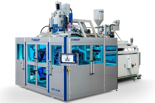 The all-electric UCS 14.ED continuous extrusion shuttle blow moulding machine combines a compact footprint with digital connectivity, improved accessibility and efficient production of HDPE containers.(Source:  Uniloy)