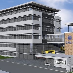 Das neue Verwaltungsgebäude von Kaeser Kompressoren entsteht links vom bereits bestehenden Gebäude und bietet viel Platz für Mitarbeiter.