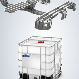 Mit ihrer besonders breiten Auflagefläche verteilt die robuste 3-Kufen-Stahlpalette schwere Lasten optimal und ermöglicht dadurch ein sicheres Handling.(Bild:  Schütz)