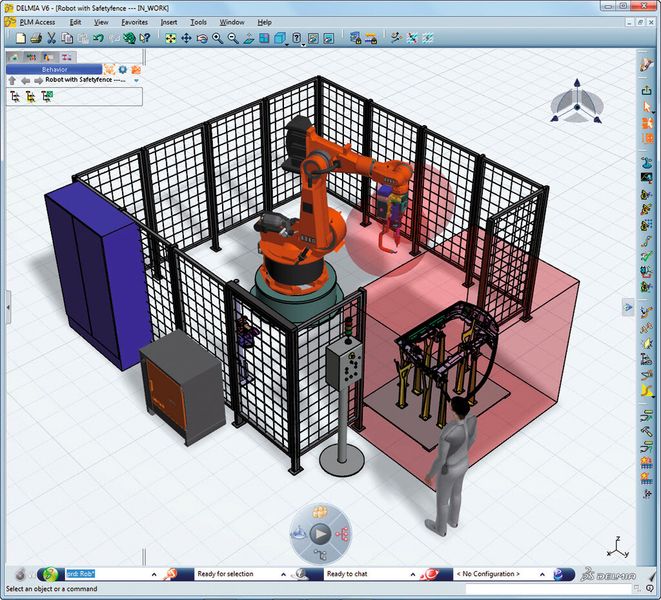 Bild 1: Die Absicherung von Sicherheitstechnik in Verbindung mit Safe Robot kann in der Realität Arbeitsunfälle verhindern. (Bild: Dassault Systèmes)