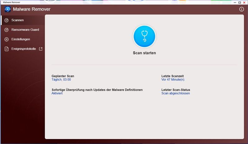 Der Bereich Scannen der App Malware Remover bietet einen Sofort-Scan und vier Statusfelder mit Frequenz, letztem Lauf, Sofortlauf nach Definitions-Update und Lauf-Status. (Bild: Joos)