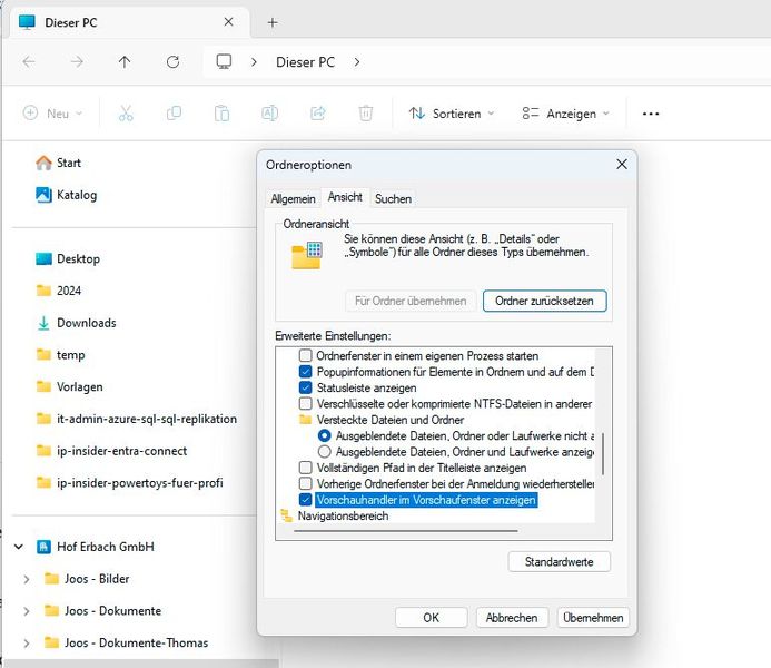 Konfigurieren des Vorschaufensters in Windows 11. (Bild: Joos – Microsoft)