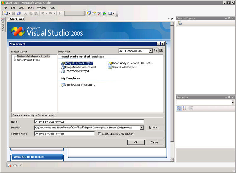 Abbildung 2: Unter Visual Studio 2008 starten Sie ein „Analysis Service“-Projekt. (Archiv: Vogel Business Media)