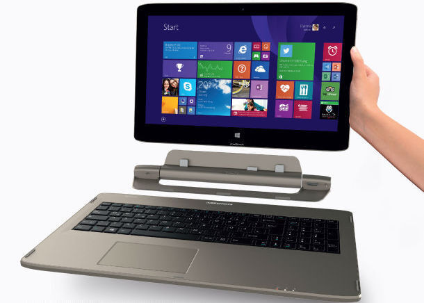 Mit einem Handgriff soll das Display (Tablet-Einheit) von der Tastatur (Basis-Einheit) getrennt und als Windows-8.1-Tablet genutzt werden können. (Bild: Aldi)