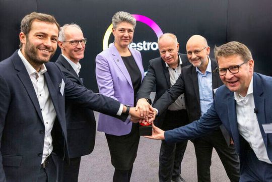 Covestro opens its new pilot plant for elastomer recycling in Leverkusen, Germany. From left to right: Dr. Lennart Sandbrink, Project Lead Elastomer Recycling; Dr. Bastian Mahr, Engineering Lead Pilot Plant; Monique Buch, Chief Commercial Officer; Dr. Michael Traving, Plant Manager Piloting; Dr. Markus Dugal, Head of Process Technology; and Dr. Thomas Braig, Head of the Business Entity Elastomers.(Source:  Covestro)