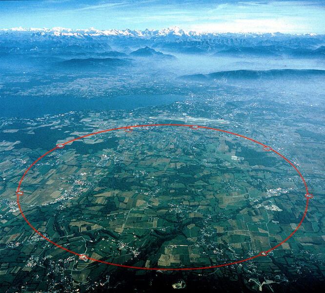 Unter dem Boden Genfs reift der Teilchenbeschleuniger Large Hadron Collider heran. Er soll Protonen frontal aufeinander schießen und so Physikern über die Folgeprodukte einen Einblick in die letzten Geheimnisse der Materie geben. Dabei fallen umfangreiche Daten an, die, neben weiteren Standorten, auch im Deutschen Grid Centre Karlsruhe gespeichert werden.  (Bild: CERN)