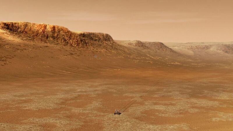 Der 45 Kilometer große Jezero-Krater auf dem Mars ist ein vielversprechender Ort, um nach Anzeichen für vergangenes mikrobielles Leben zu suchen. Vor mehr als 3,5 Milliarden Jahren war das heute knochentrockene Becken die Heimat eines stehendes Gewässers, eines Sees, in dem von zwei Zuflüssen abgelagerte Sedimente ein vielgestaltiges Flussdelta hinterlassen haben.  (NASA/JPL-Catech)